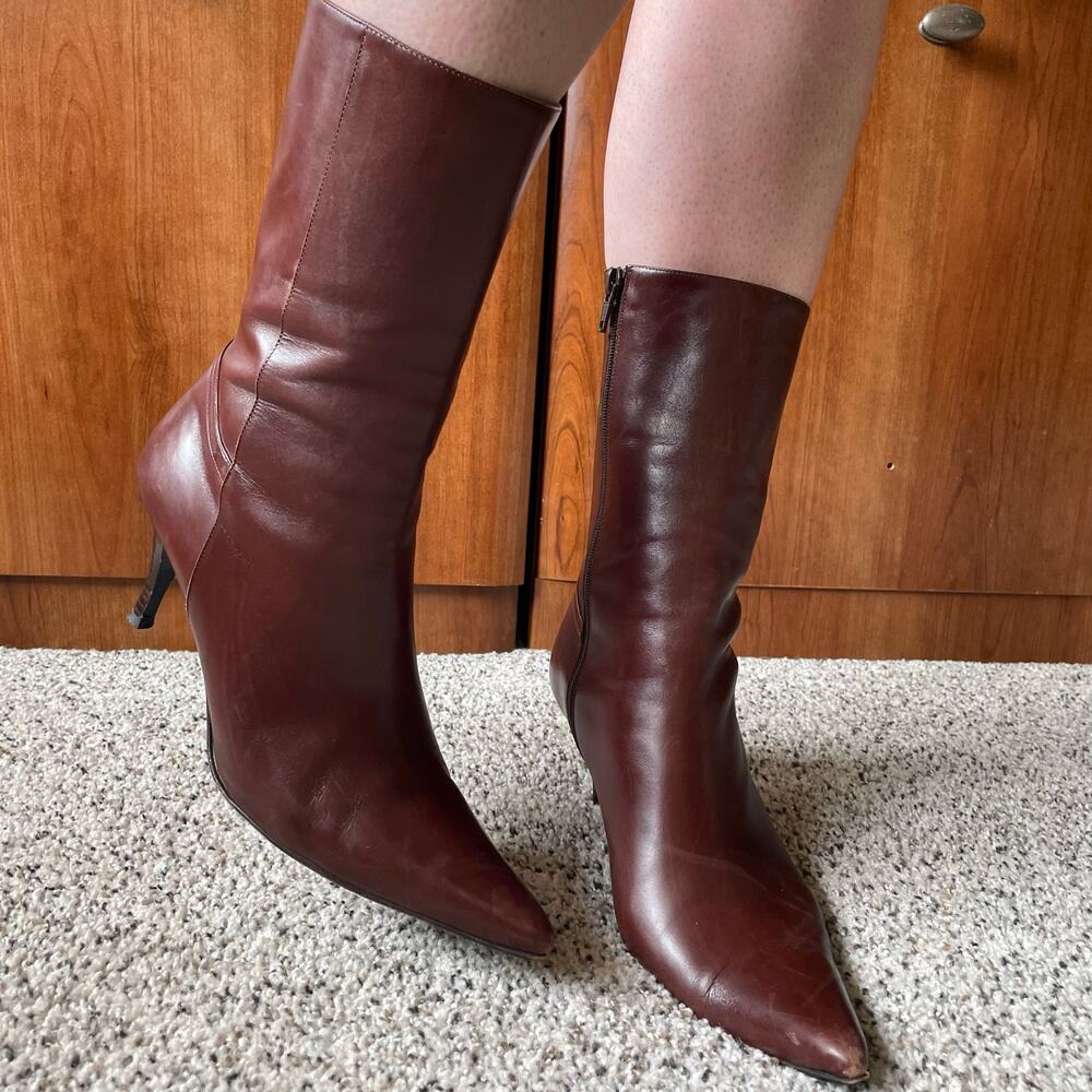 Cole Haan City Italian Leather Boots Sz 8 Brown Red Pointed Toe Mid Calf Heeled